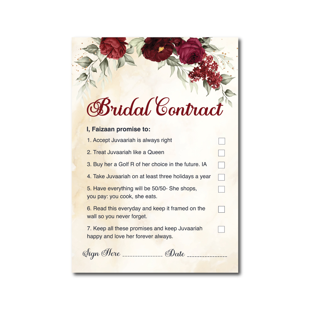 Red Flower & Gold Marble Wedding Contract