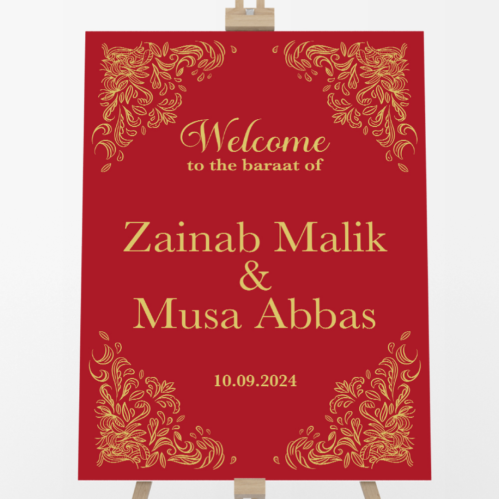 Red And Gold Frame Vinyl Sticker And Foamex Wedding Welcome Sign