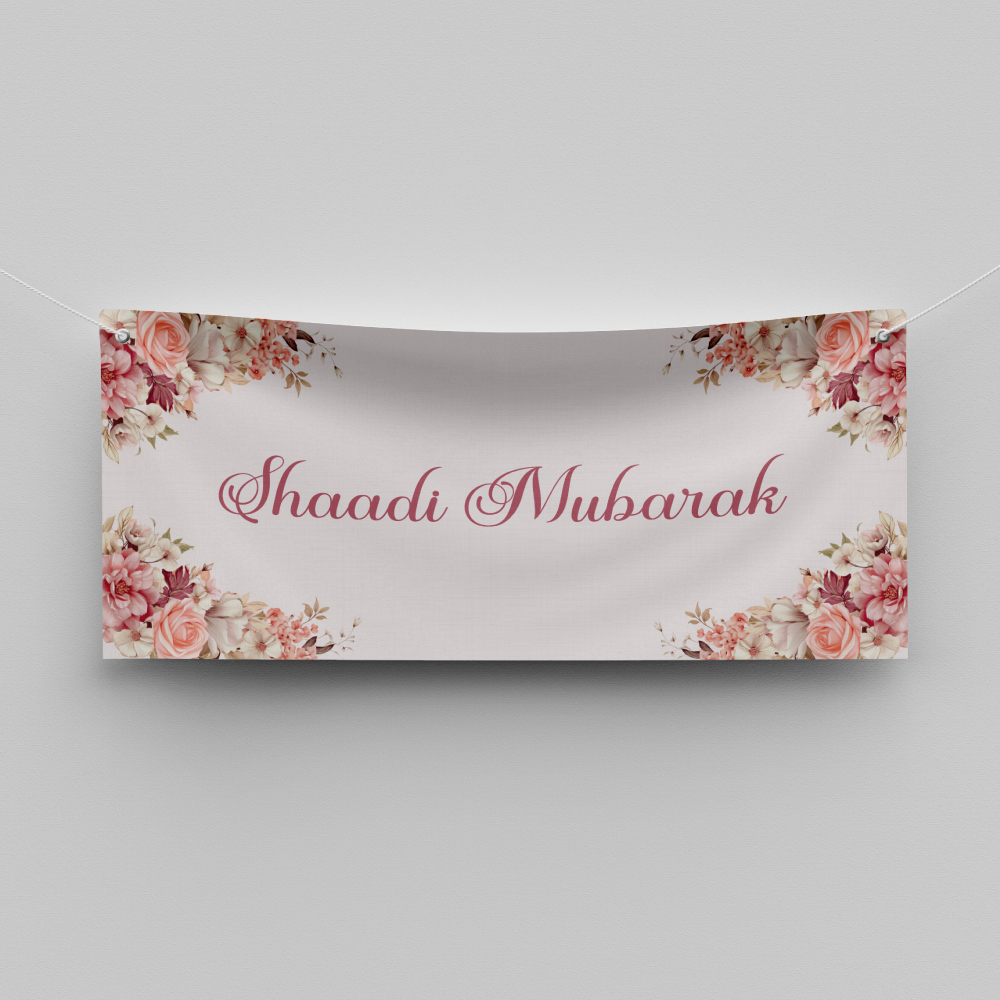 Peaches And Pink Floral Design Wedding PVC Banner | With Two Eyelets