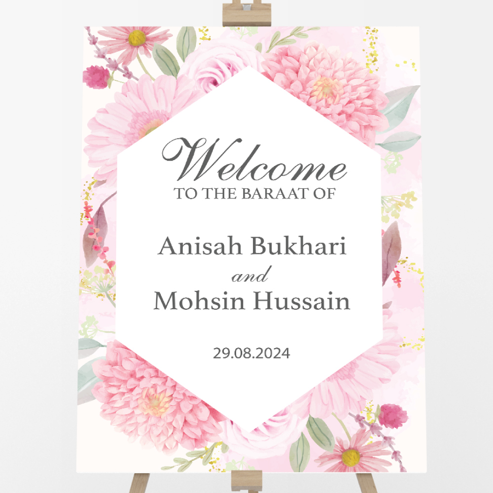 Pink Hexagonal Bouquet Vinyl Sticker And Foamex Wedding Welcome Sign