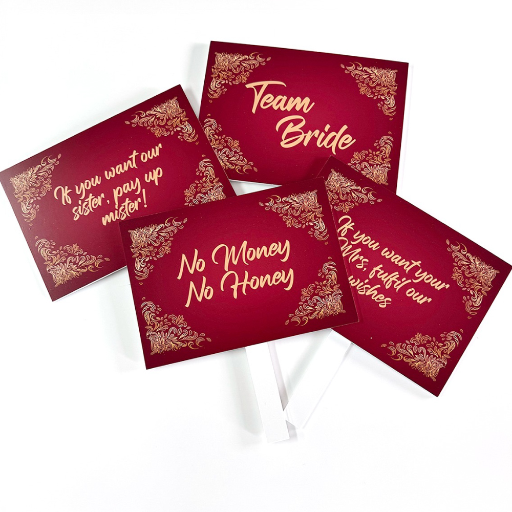 Personalised Pay Up Mister Signs | Wedding Gate Signs & PVC Banner Bundle | Gold and Red Design 7