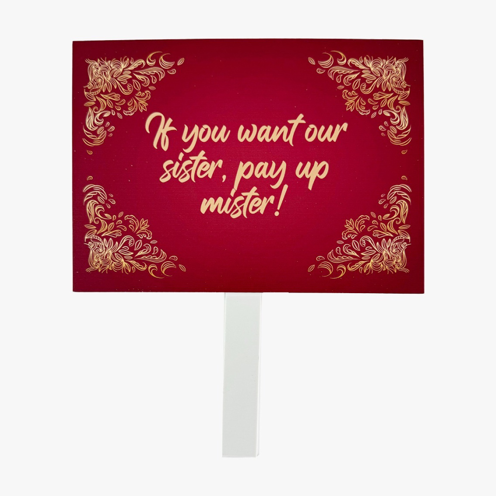 Personalised Pay Up Mister Signs | Wedding Gate Signs & PVC Banner Bundle | Gold and Red Design 3