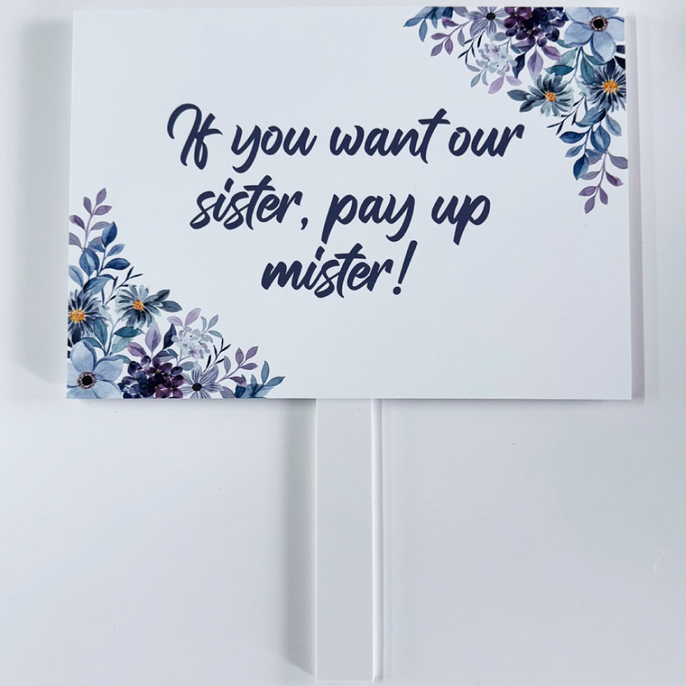 Personalised Pay Up Mister Signs | Wedding Gate Signs & PVC Banner Bundle | Watercolour Blue Floral Frame Design 5