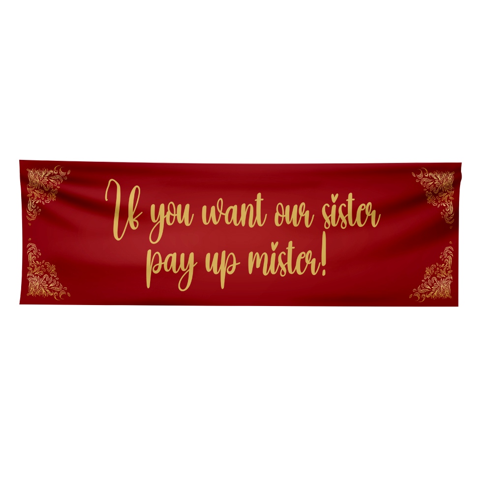 Personalised Pay Up Mister Signs | Wedding Gate Signs & PVC Banner Bundle | Gold and Red Design