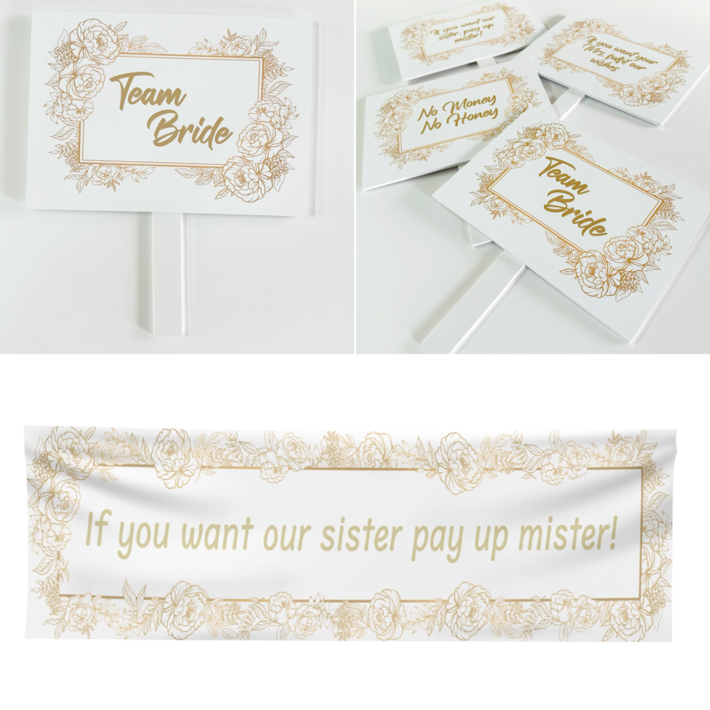 Pay Up Mister Signs | Wedding Gate Signs & PVC Banner Bundle | Gold Floral Frame Design 4