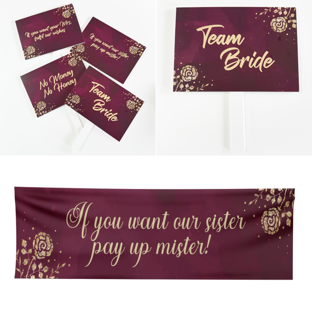 Pay Up Mister Signs | Wedding Gate Signs & PVC Banner Bundle | Burgundy and Gold Roses Design 6