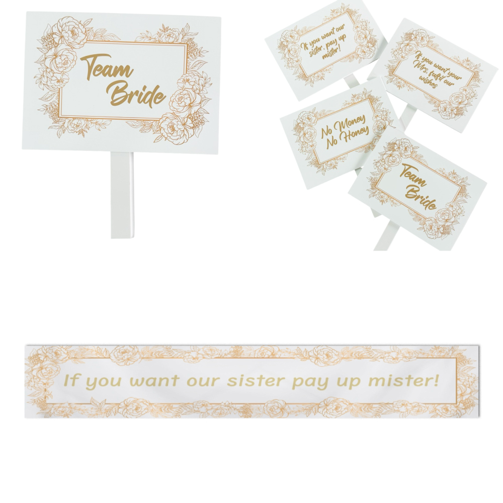 Pay Up Mister Signs | Wedding Gate Signs & PVC Banner Bundle | Gold Floral Frame Design 10
