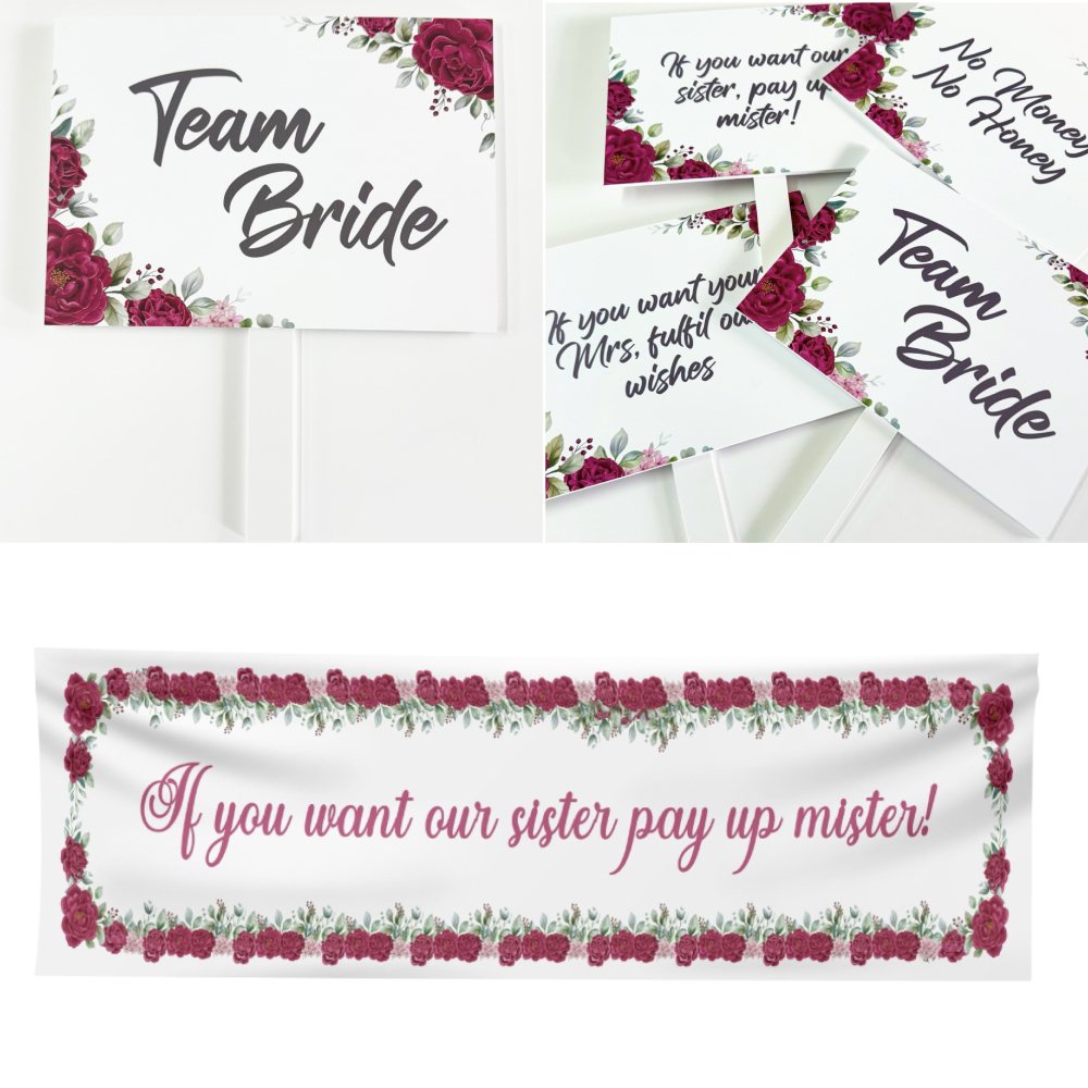 Pay Up Mister Signs | Wedding Gate Signs & PVC Banner Bundle | Maroon Floral Frame Design 6