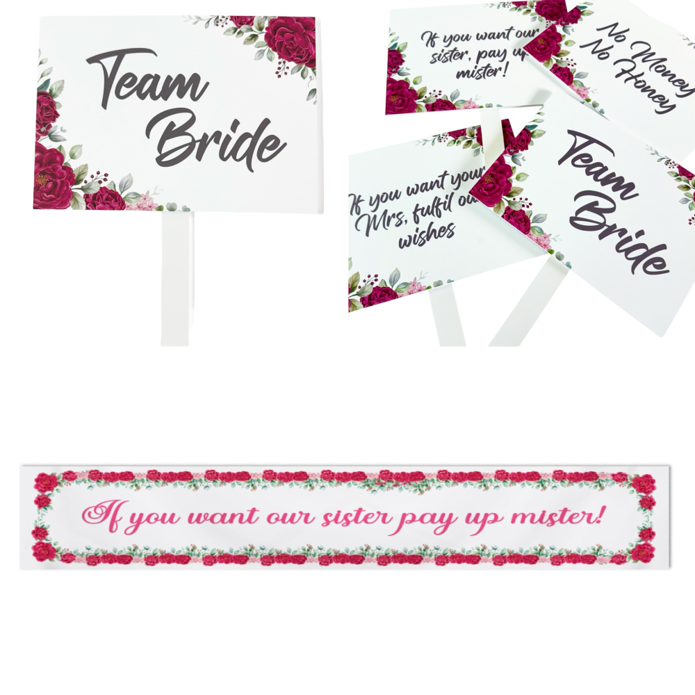 Pay Up Mister Signs | Wedding Gate Signs & PVC Banner Bundle | Maroon Floral Frame Design 10
