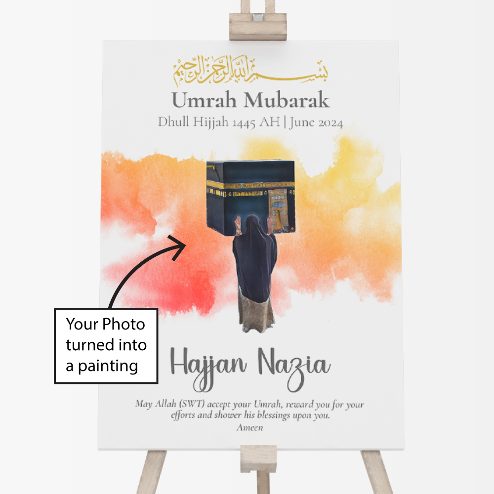 Personalised Artistic Photo Hajj/ Umrah Mubarak Design Vinyl Sticker And Foamex Welcome Sign