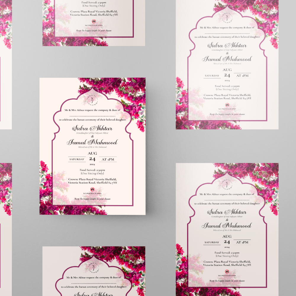 Bougainvillea Flowers Garden Arch Wedding Invitation | 350gsm Card Shaadi Invitation & Envelope 2