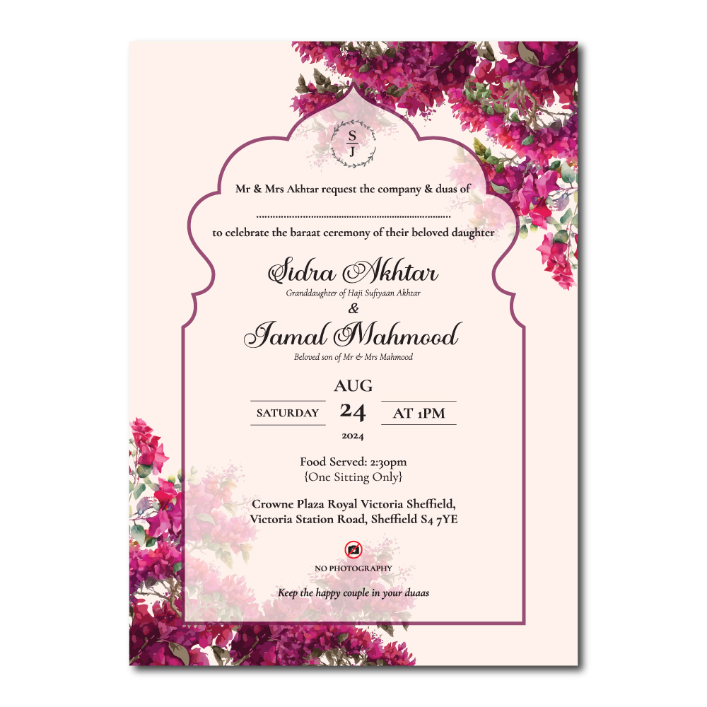 Bougainvillea Flowers Garden Arch Wedding Invitation | 350gsm Card Shaadi Invitation & Envelope