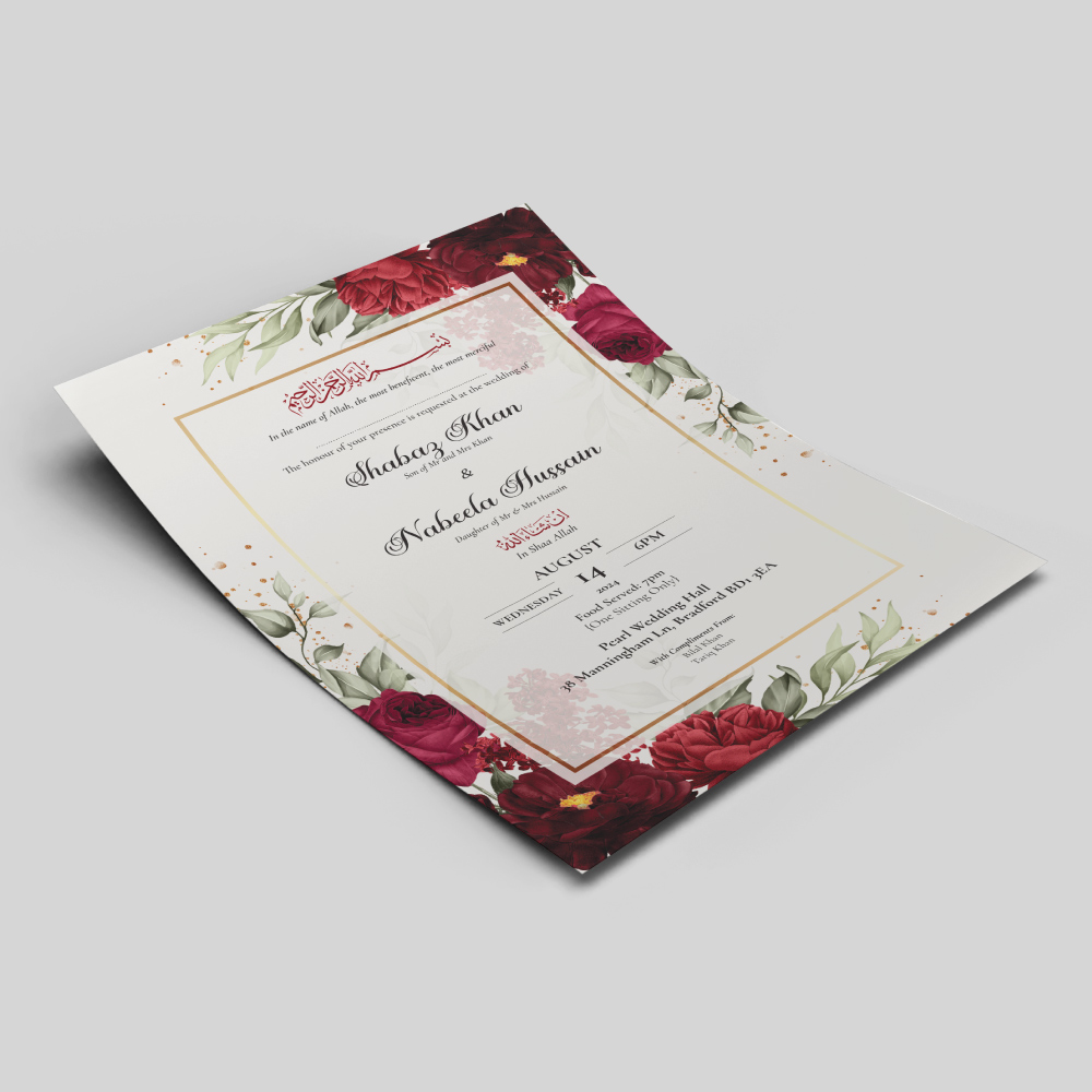 Burgundy Floral Frame Wedding Invitation | 350gsm Card Shaadi Invitation & Envelope 3