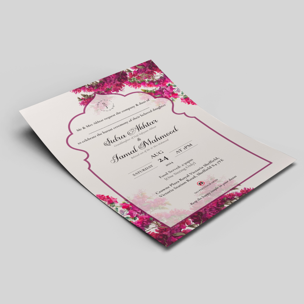 Bougainvillea Flowers Garden Arch Wedding Invitation | 350gsm Card Shaadi Invitation & Envelope 3