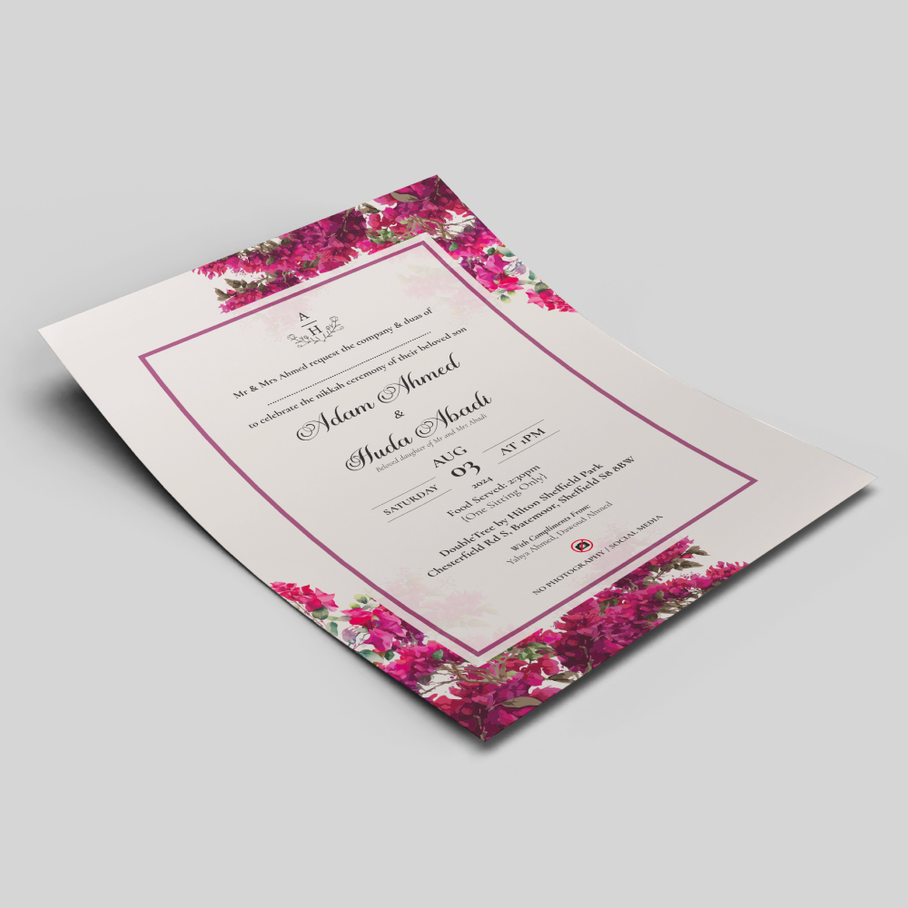 Bougainvillea Flowers Garden Frame Wedding Invitation | 350gsm Card Shaadi Invitation & Envelope 3