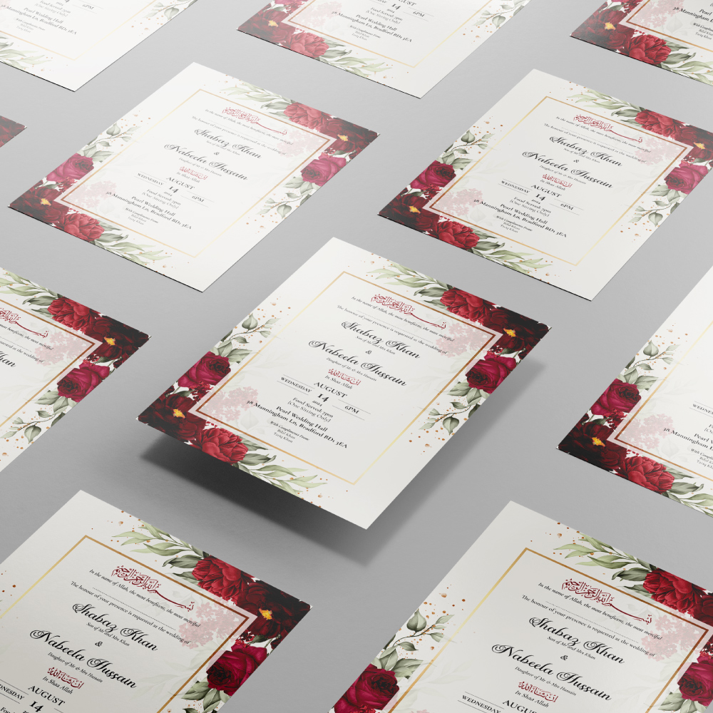 Burgundy Floral Frame Wedding Invitation | 350gsm Card Shaadi Invitation & Envelope 2