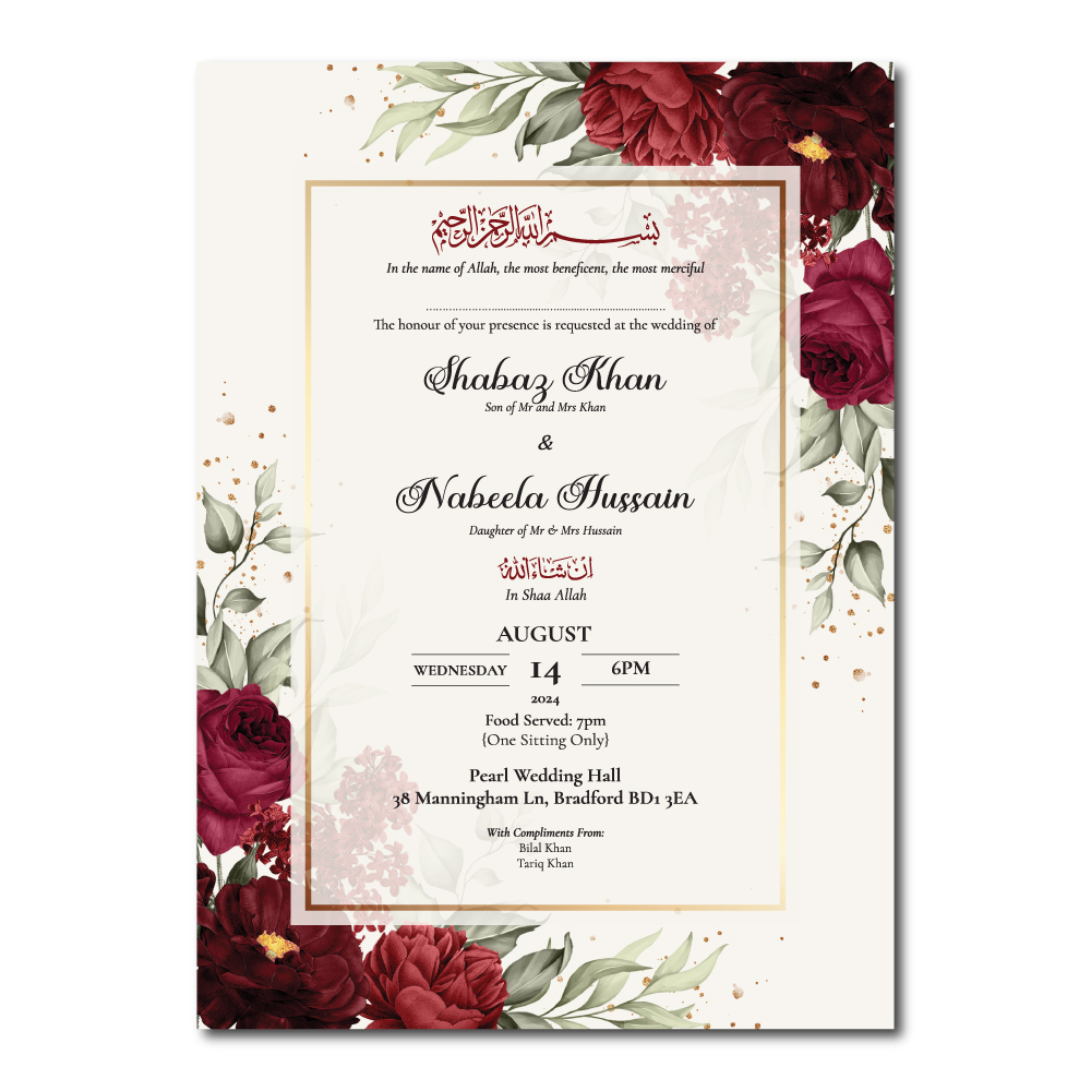 Burgundy Floral Frame Wedding Invitation | 350gsm Card Shaadi Invitation & Envelope