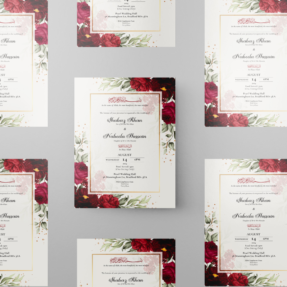 Burgundy Floral Frame Wedding Invitation | 350gsm Card Shaadi Invitation & Envelope 4