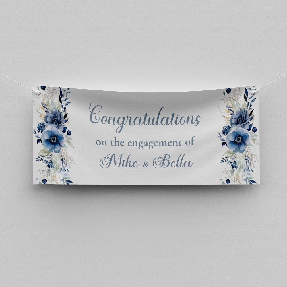 Blue And Grey Floral Design Wedding PVC Banner | With Two Eyelets