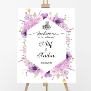 Purple Floral Hexagonal Vinyl Sticker And Foamex Wedding Welcome Sign