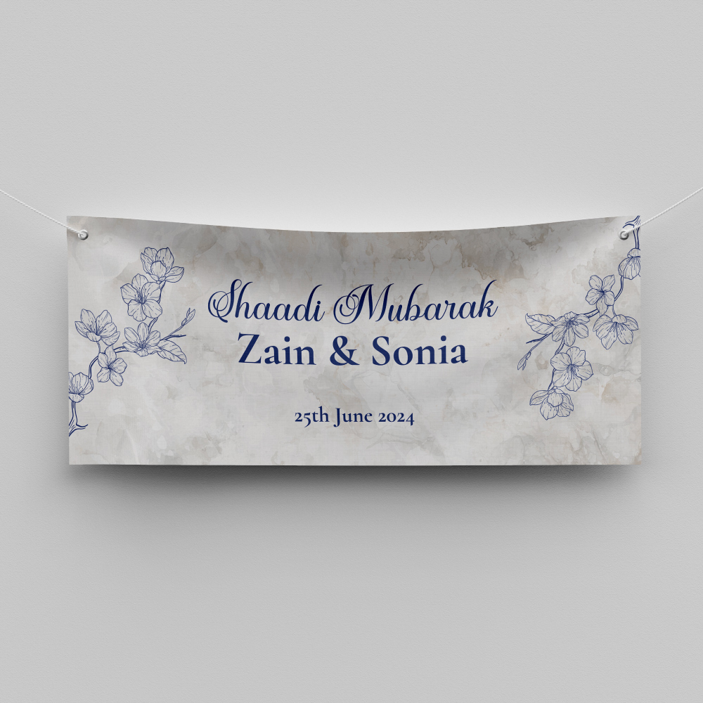 Navy Blue Floral Marble Design Wedding PVC Banner | With Two Eyelets 2