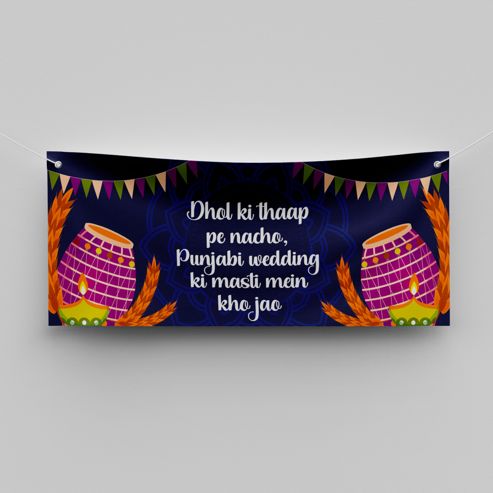 Blue Dhol Drums Design Wedding PVC Banner | With Two Eyelets