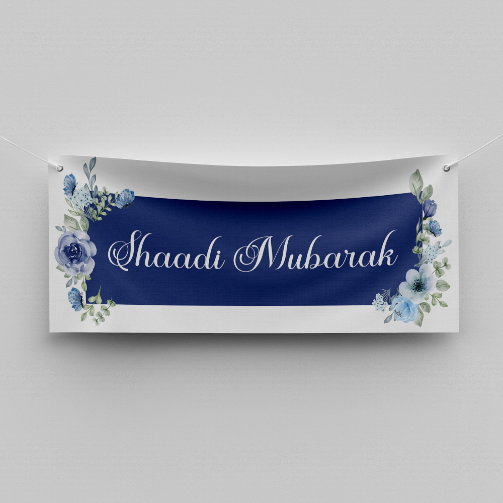 Powder Blue Floral Frame Design Wedding PVC Banner | With Two Eyelets