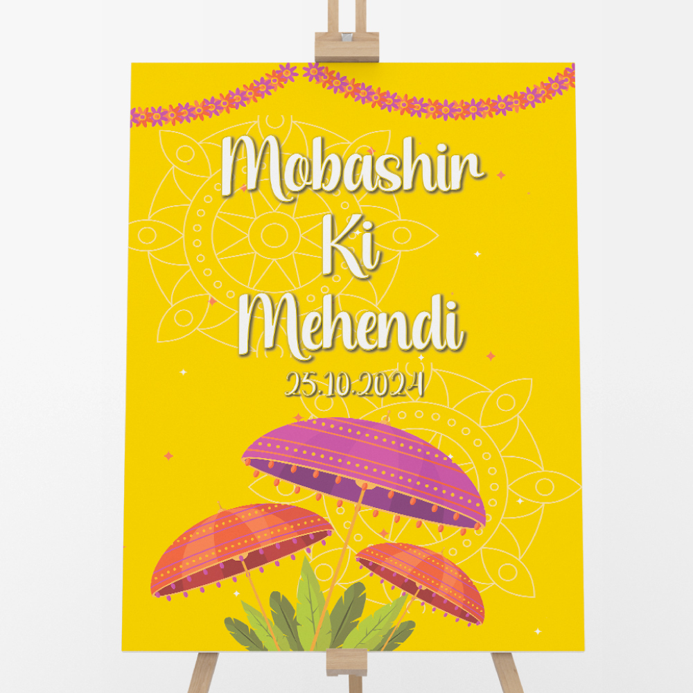 Personalised Traditional Yellow Festive Umbrella Vinyl Sticker And Foamex Wedding Welcome Sign