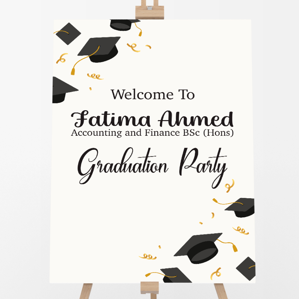 Graduation Hats Off Design Welcome Board | 5mm Thick Premium Quality Acrylic Sign OR 5mm Foam Board Graduation Hats Off Design Welcome Board | 5mm Thick Premium Quality Acrylic Sign OR 5mm Foam Board