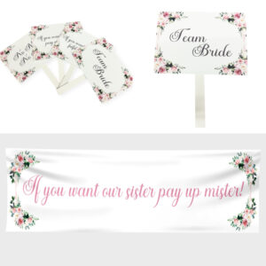 Pay Up Mister Signs | Wedding Gate Signs & PVC Banner Bundle | Blush Pink Floral Frame Design