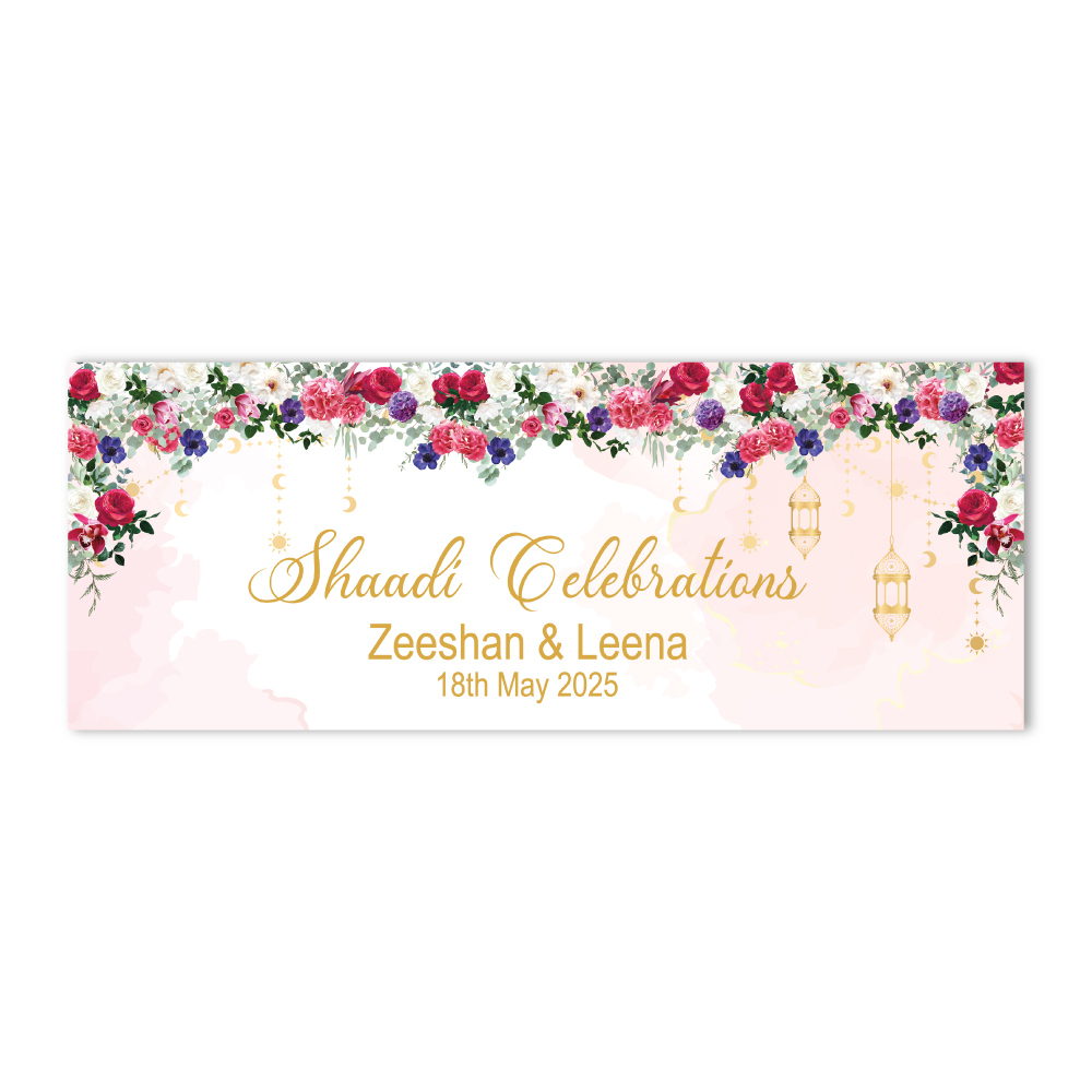 Pink Floral & Lantern Design Wedding PVC Banner | With Two Eyelets