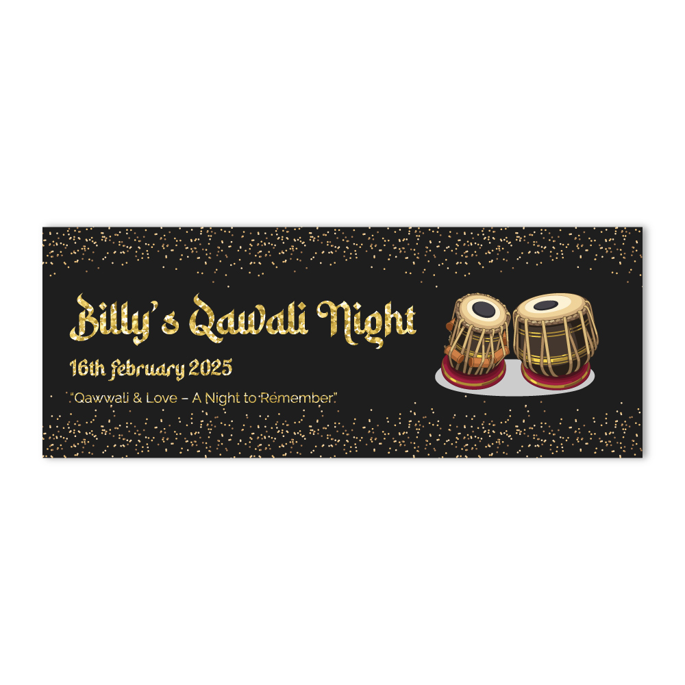 Black, Gold Glitter & Tabla Drum Design Wedding PVC Banner | With Two Eyelets 2