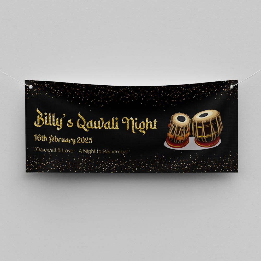 Black, Gold Glitter & Tabla Drum Design Wedding PVC Banner | With Two Eyelets