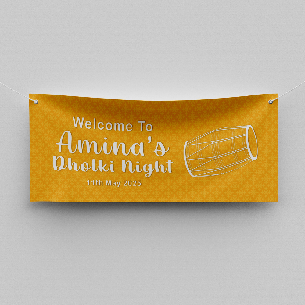 Mehendi Yellow Dholki Design Wedding PVC Banner | With Two Eyelets Mehendi Yellow Dholki Design Wedding PVC Banner | With Two Eyelets