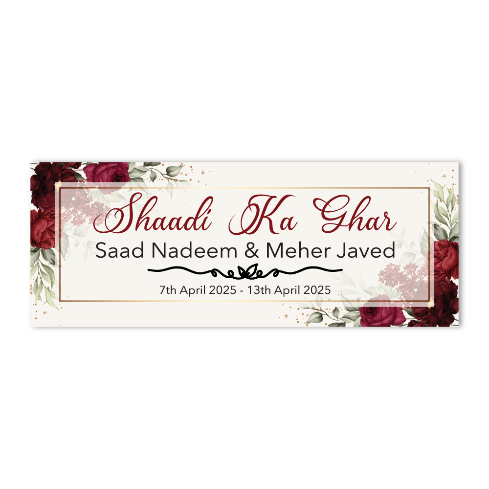 Burgundy Floral Frame Design Wedding PVC Banner | With Two Eyelets 2