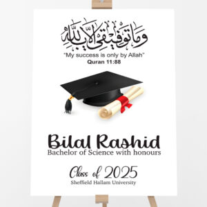 Graduation Graduation Cap, Scroll And Islamic Quote Design Welcome Board | 5mm Thick Premium Quality Acrylic Sign OR 5mm Foam Board