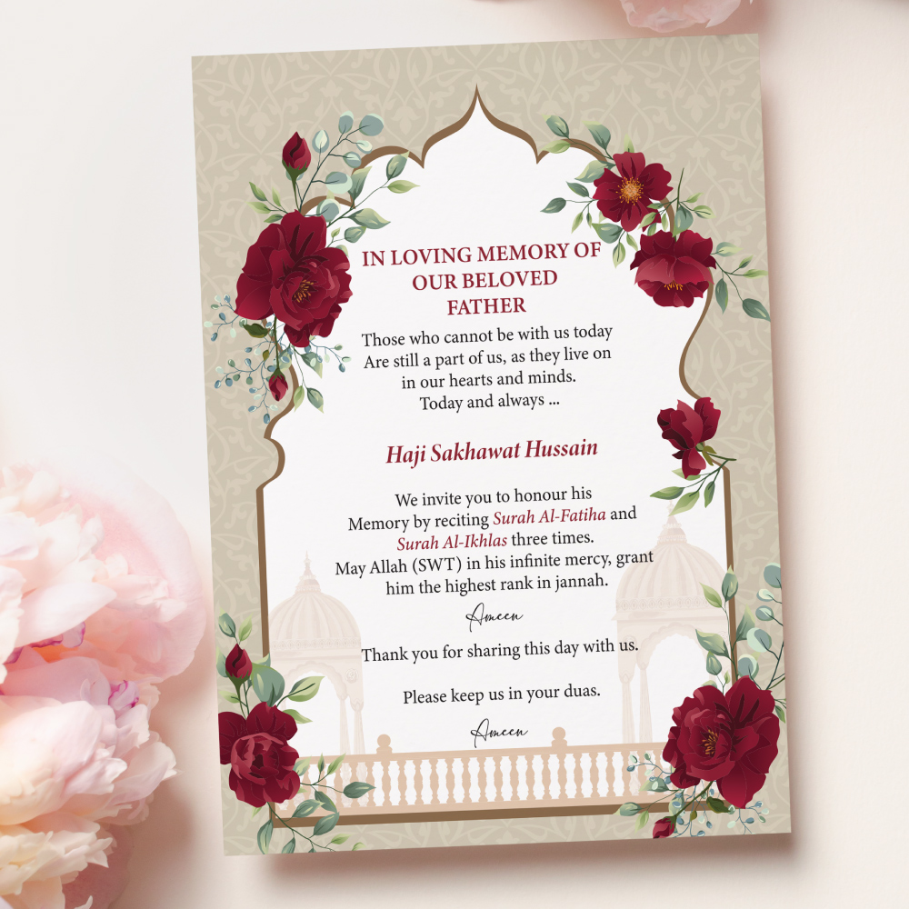 A6 Red Floral Mughul Arch Nikkah Duaa Cards 3
