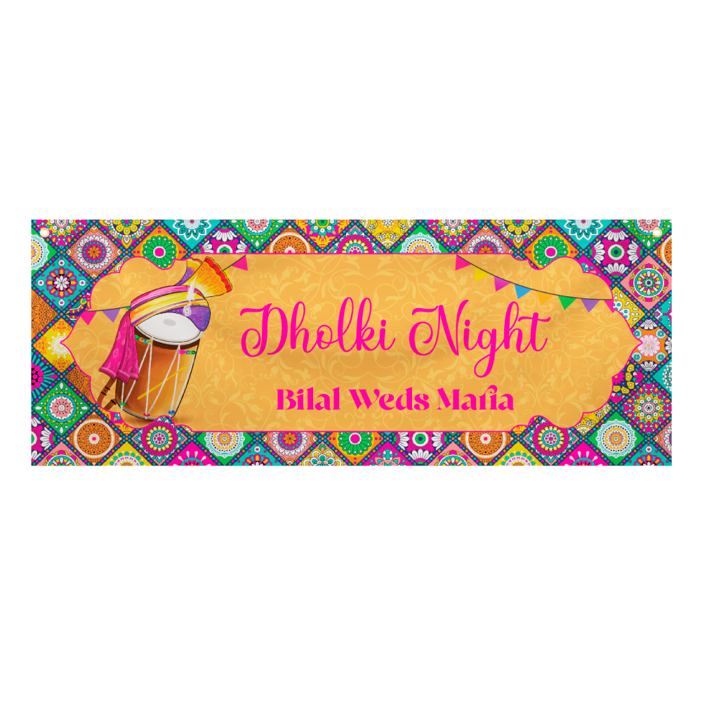 Festive Dhol Patchwork Design Wedding PVC Banner | With Eyelets Festive Dhol Patchwork Design Wedding PVC Banner | With Eyelets