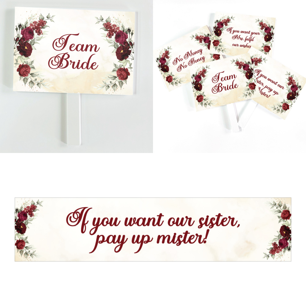Pay Up Mister Signs | Wedding Gate Signs & PVC Banner Bundle | Red Flower & Gold Marble Design
